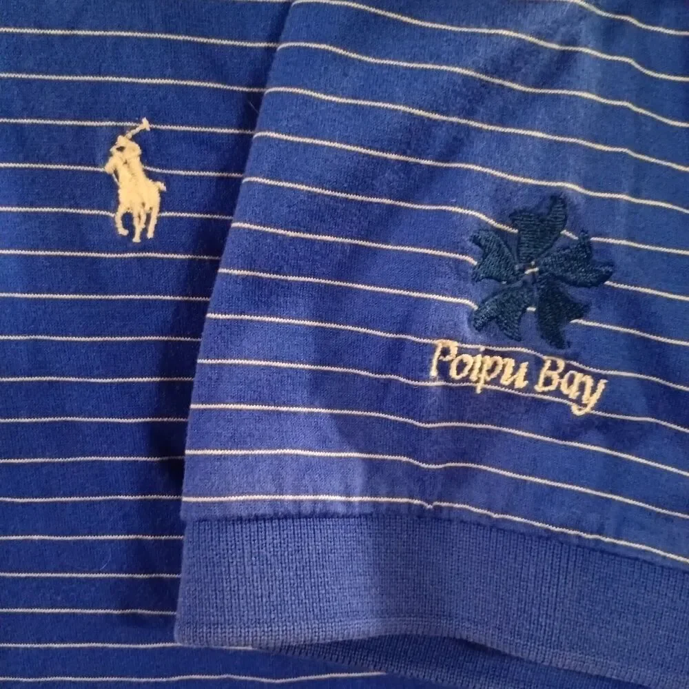 Ralph Lauren Polo Golf Shirt Blue Striped Size Lg 100% Cotton Hawaiian Poipu Bay